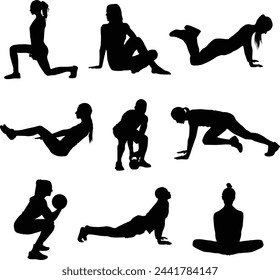 silhouettes of people doing yoga workout exercise activity