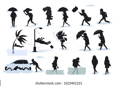 silhouettes of people during extreme bad weather conditions, walking running during strong rain wind, hail, tsunami, storm, blizzard, flood graphic