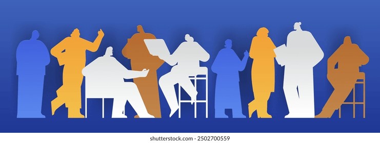 Silhouettes of people engaged in various activities colorful gradient background paper cut style