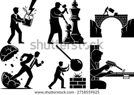 Silhouettes of people engaging in various destructive activities isolated on white background, Vector