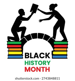 Silhouettes of people exchanging a book over a rainbow book bridge celebrating Black History Month exchange