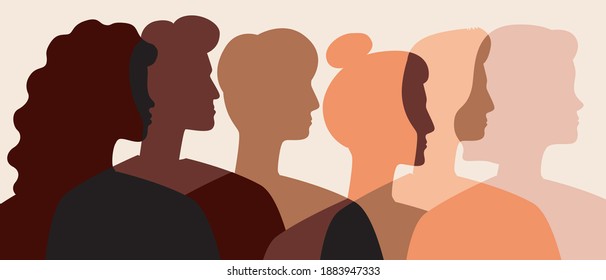 Silhouettes of people faces, different skin colors. Flat vector stock illustration. African, Arabic, Asian. European people. Head with skin color variation. Heads of people in profile isolated