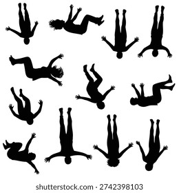 Silhouettes of People Falling or Floating on White Background