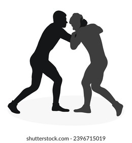 Silhouettes people fighting, MMA fighters. Greco Roman wrestling, fight, combating; struggle; grappling; duel, mixed martial art, sportsmanship