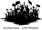 silhouettes of people with flags revolution strike vector illustration