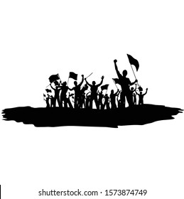 silhouettes of people with flags revolution strike vector illustration