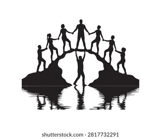 Silhouettes of People Forming a Bridge Over Water with Reflections Symbolizing Unity and Support