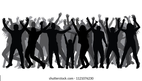 Silhouettes of people in full growth, crowd. Cheerful people. Vector