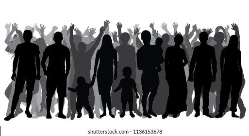 Silhouettes of people in full growth, crowd. Cheerful people. Vector