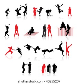 Silhouettes of people: fun children, young couples, sport teens, old age