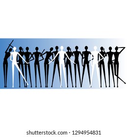 Silhouettes of people. Group. Leaders. Everyone is busy with his business.