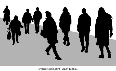 Silhouettes de la gente. Un grupo de personas camina hacia el otro. La gente en la calle está caminando por la carretera. Ocho personas. Ilustración vectorial.