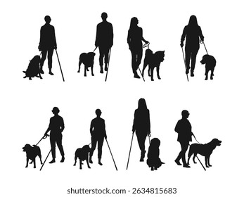 Silhouettes of People with Guide Dogs Using White Canes. Design for poster, banner, flyer, web, mockup, business, company, and sign. vector isolated on a white background.