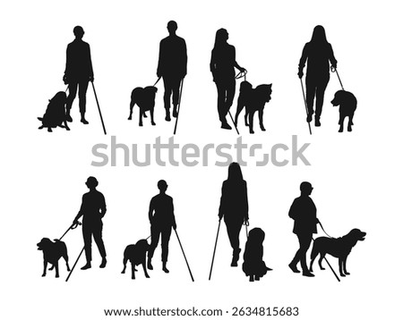 Silhouettes of People with Guide Dogs Using White Canes. Design for poster, banner, flyer, web, mockup, business, company, and sign. vector isolated on a white background.