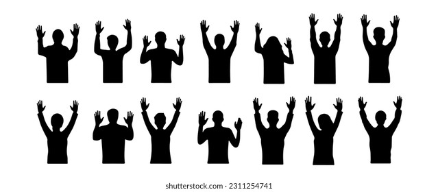 Silhouettes of people hands up isolated on white background. Human stand with hands and body vector illustration