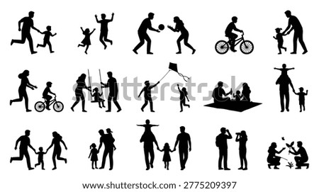 Silhouettes of people having fun outside flying kite riding bike and playing ball. Family recreation concept vector.