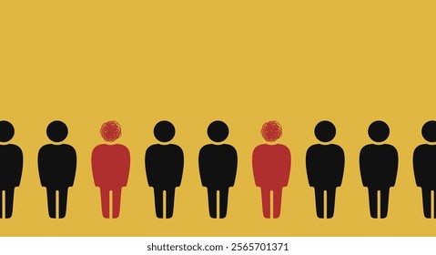 Silhouettes of people with head and messy ball instead of head, fighting stress, depression, emotional burnout, mental disorder and other psychological problems concept