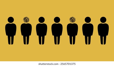 Silhouettes of people with head and messy ball instead of head, fighting stress, depression, emotional burnout, mental disorder and other psychological problems concept