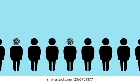 Silhouettes of people with head and messy ball instead of head, fighting stress, depression, emotional burnout, mental disorder and other psychological problems concept