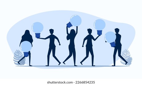 Silhouettes of people holding light bulbs. The concept of people showing creativity. brainstorming vector 