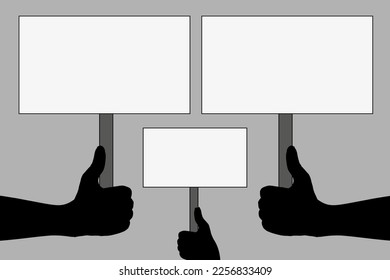 Silhouettes of people holding protesting signs. Black and white silhouette of people which raise their hands in pacifist protest with banner and copy space. Website banner.
