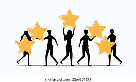 Silhouettes of people holding stars. Consumer reviews of customer satisfaction ratings. Criticism icon concept