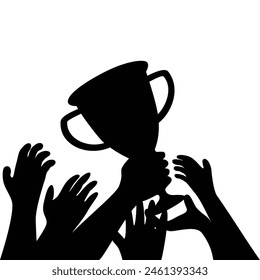 silhouettes of people holding a trophy. winner celebration.