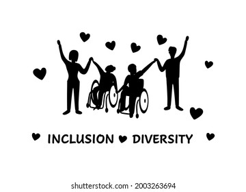 Silhouettes of people. Inclusion and diversity concept. Men, women, people in a wheelchair are holding hands.