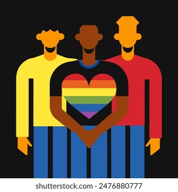 Siluetas de Personas con Colores LGBTQ, Concepto del Orgullo Gay, Signo del Arco Iris, Ilustración vectorial aislada sobre fondo negro.