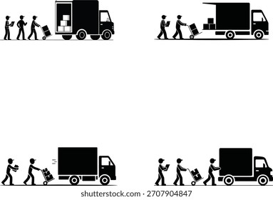 Silhouetten von Personen, die Fracht von Lieferwagen laden und entladen