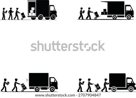 Silhouettes of people loading and unloading cargo from delivery trucks