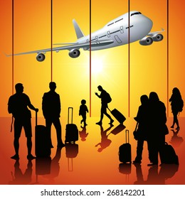 Silhouettes of people with luggage walking at airport. Vector illustration