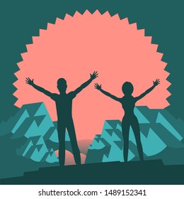 Silhouettes of people. A man and a woman stand on top and triumphantly raise their hands up. In the background are snowy mountains and red sun. Vector flat illustration for logo or background.