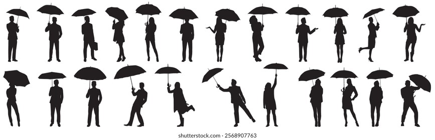 silhouettes of people, man and woman under umbrella. Collection of people under umbrella 