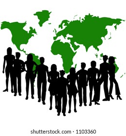 Silhouettes of people and a map of the world
