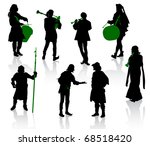 Silhouettes of people in medieval costumes. Knight, musicians, jugglers, a merchant.