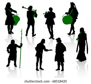 Silhouettes of people in medieval costumes. Knight, musicians, jugglers, a merchant.