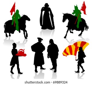 Silhouettes of people in medieval costumes. Knight, warrior, herald, princess, juggler, merchant.