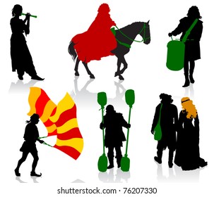 Silhouettes of people in medieval costumes. Knight, drummer, musician, juggler, nobles