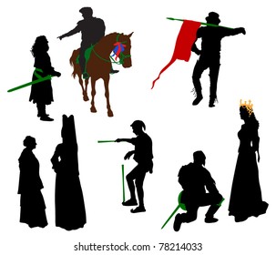 Silhouettes Of People In Medieval Costumes. Knight, Queen, Juggler, Nobles.