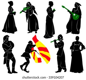 Silhouettes of people in medieval costumes. Musicians, jugglers, a merchant.