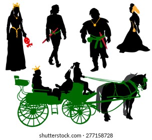 Silhouettes of people in medieval costumes. Queen, jester, citizen and more.