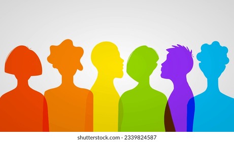 Silhouettes of people, men, women, non binary persons, lgbtq community, homosexuals or rainbow pride