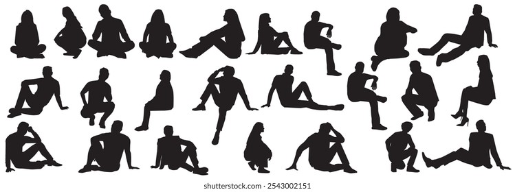 Silhouettes of people, men and women sitting in full length. Vector illustration isolated on transparent background.