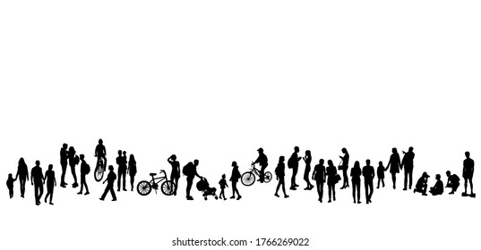 Silhouettes of people, men, women and teenagers stand, walking, riding a Bicycle, families with children, black colors isolated on a white background
