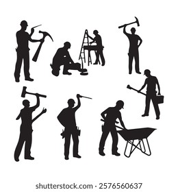 Silhouettes of people and musicians in various poses with tools, dancing, and engaging in activities