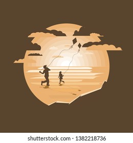 silhouettes of people in nature with a flying kite,Negative space illistration