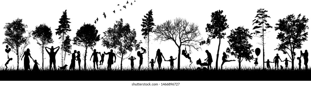 Silhouettes of people in nature. Happy families together. Vector