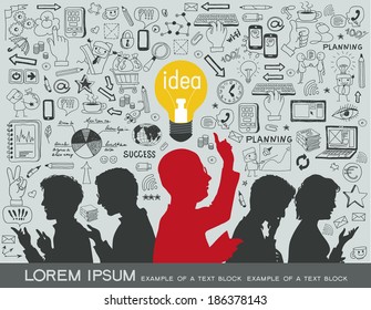 silhouettes of people on a background of business icons. Business idea. Doodle set - info-graphic background. 