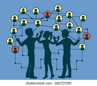 silhouettes of people on a background of the icons Social Media Circles. Network Illustration.